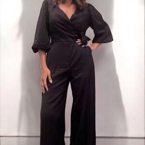 She + Sky Satin Wide Leg Jumpsuit Black Faux-Wrap Balloon Sleeve Size L